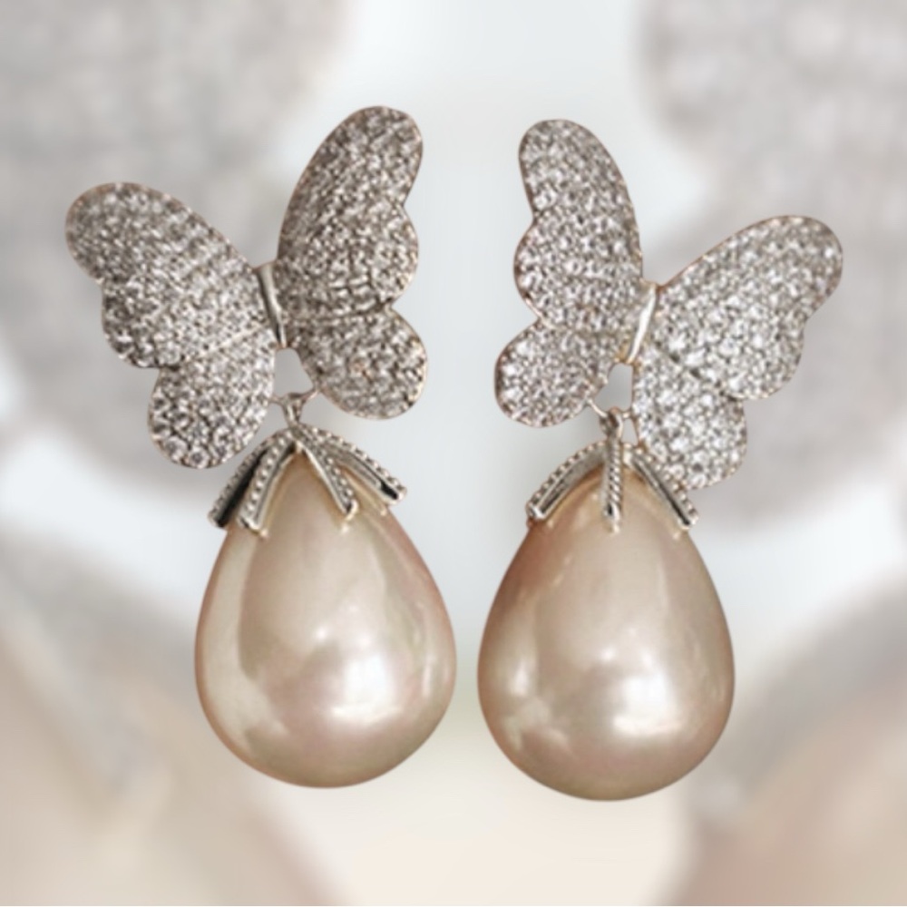 Silver Butterfly Pearl Earrings Luxury Jewelry